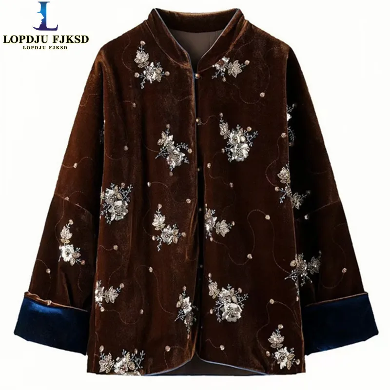 2026 Spring and Autumn Cotton Coat for Women,Single Breasted Velvet Jacket,Embroidery Retro Chinese Style New Top Female Clothe