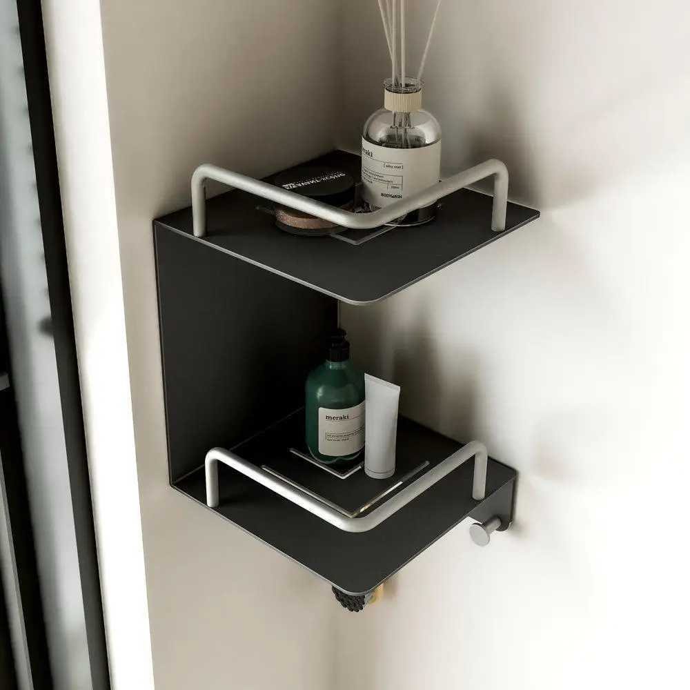 2-Tier Black Corner Shower Caddy, Self-Adhesive Wall Mounted Bathroom Storage Shelf with Silver Guardrail, No Drilling