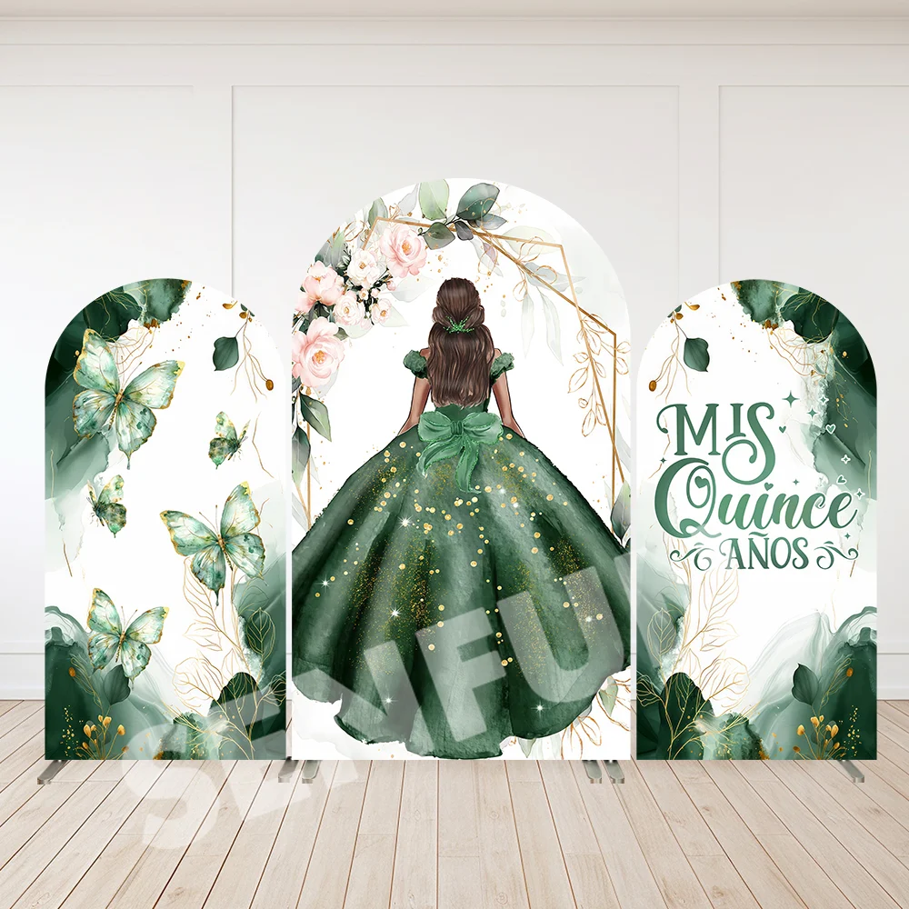 فستان Quinceanera على شكل فراشة خضراء، لوحات حائط على شكل قوس، خلفية حلوة لحفلات أعياد الميلاد الخامس عشر، غطاء مقوس، خلفية للصور