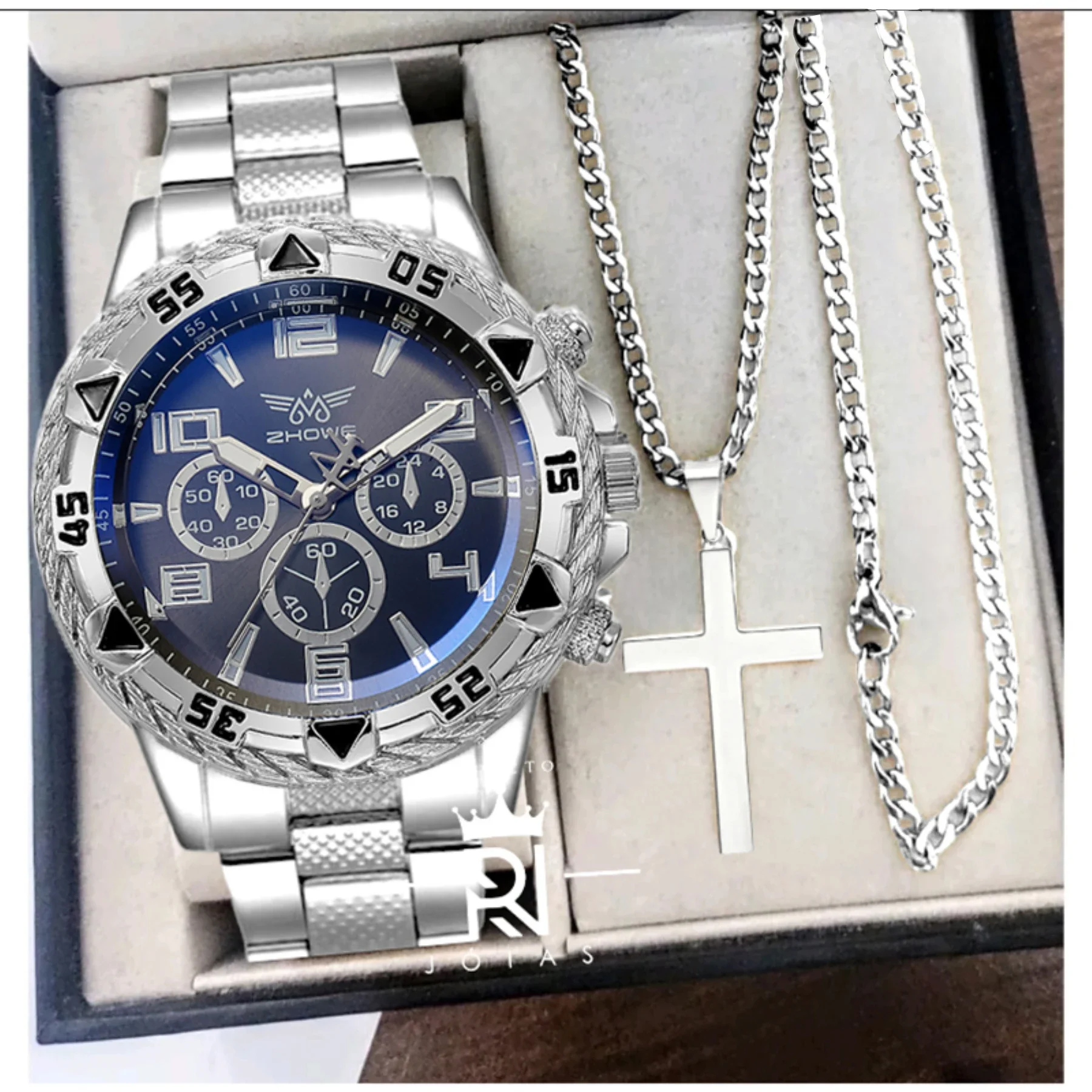 Large dial men's steel strap watch, fashionable business white light glass digital quartz watch+cross