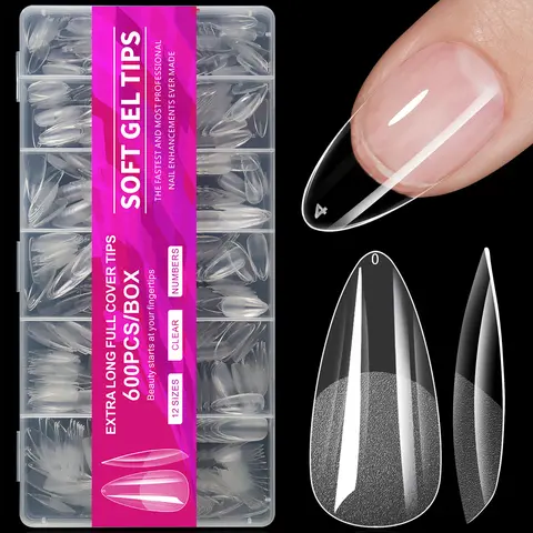 100/320/600Pcs Short Almond Nail Tips Soft Gel Nail Tips Full Cover False Nail Tips For Acrylic Nails  Salon Home Press On Nails
