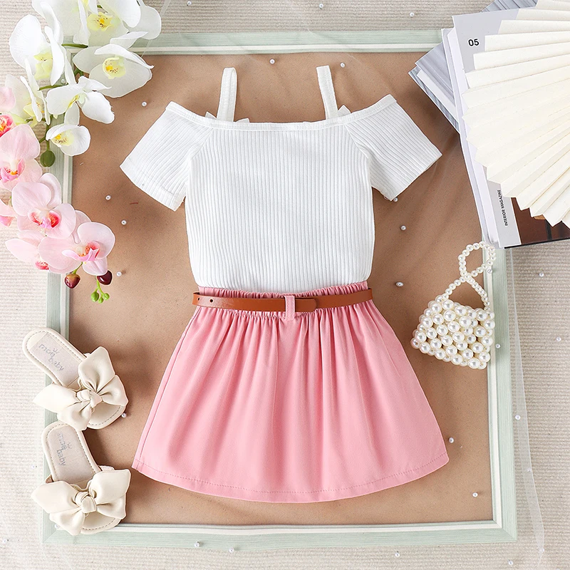 Toddler Baby Girls 2Pcs Summer Outfits Off Shoulder Short Sleeve Strap Tops Pleated Skirt Set Baby Children's Clothing Set