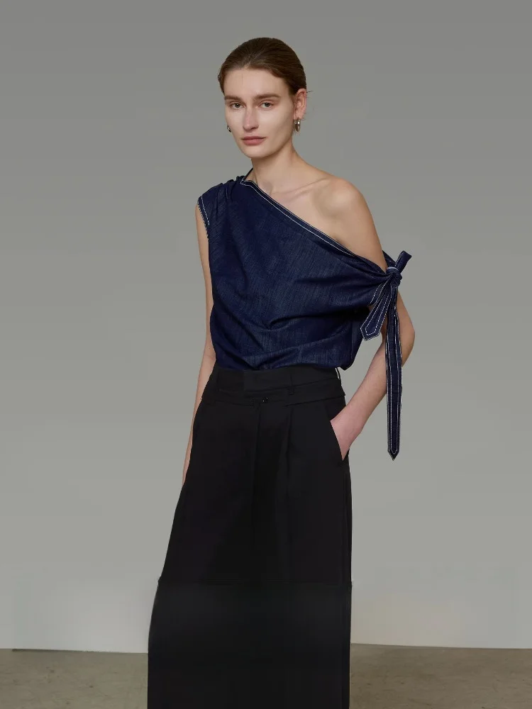 

Женская джинсовая футболка Ele Off-shoulder синего цвета с поясом, приталенного кроя, для повседневной носки, с коротким рукавом, стандартной длины