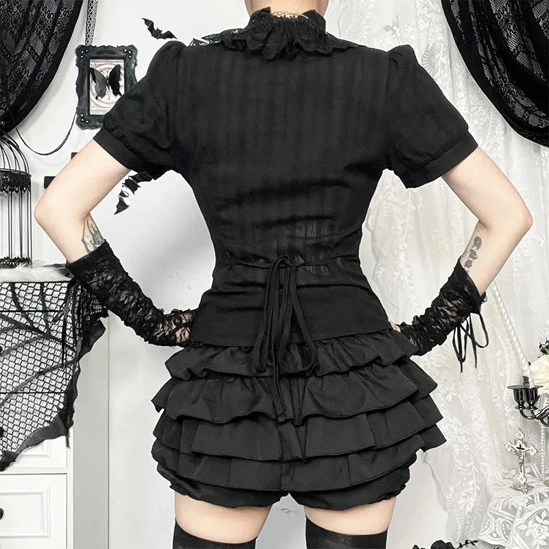 

Japanese Victorian Vintage Black Shirt Women Gothic Y2k Ruffles Lace Patchwork Short Sleeve Blouses Female Chic Slim Lolita Tops