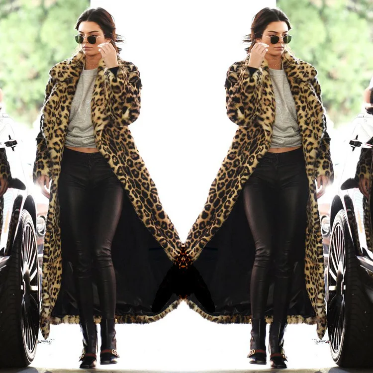 

Women Faux Fur Leopard Coats Maxi Long Overcoats Long Sleeves Turn Down Collar Open Stitch Loose Fit Casual 2025 Autumn Winter