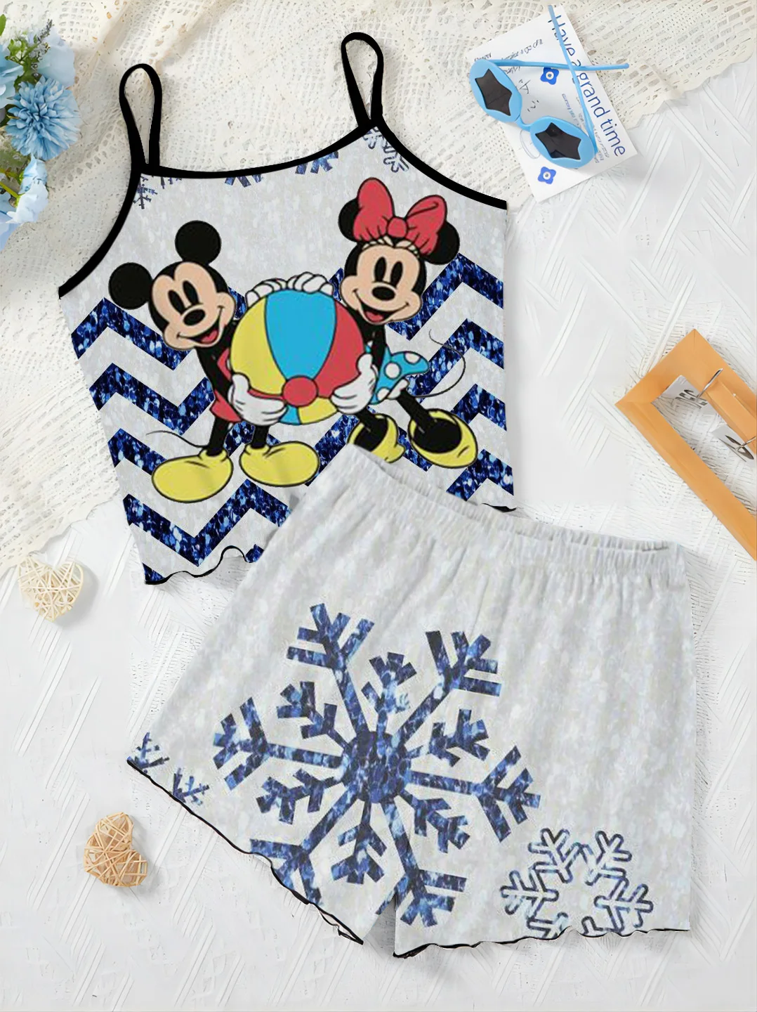 T-shirt Mickey Top Minnie Mouse Elegant Women's Sets Pajama Skirt Slip Dress Disney Christmas Lettuce Trim Pieces Short Suit Top