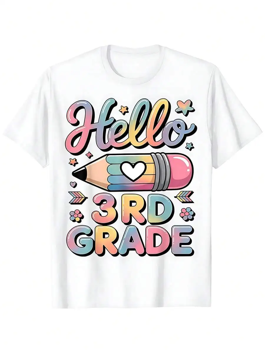 White Hello 3rd Grade Back To School T-Shirt For Kids, Cute Pencil Heart Graphic Print, Short Sleeve Crew Neck Tee For Boys Girl