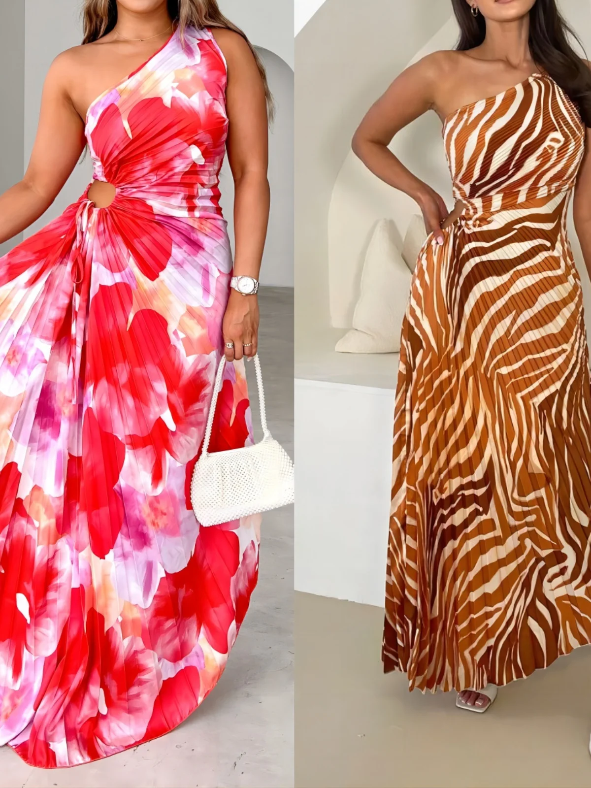 플로럴 프린트 원숄더 슬림핏 미드 웨이스트 A라인 롱 드레스 봄 여름 가을 시즌 여성 패션 드레스