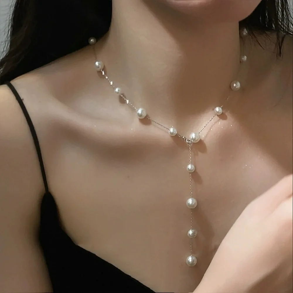 New Fashion Simulated Pearl Tassel Necklace Women's Adjustable Elegant Date Wedding Party Trendy Jewelry Accessories Gifts