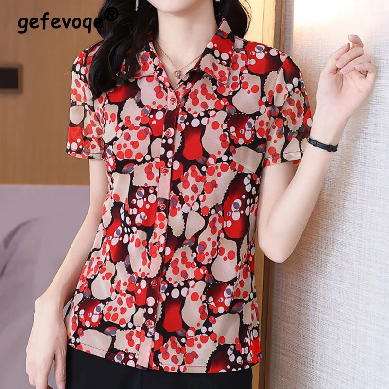 Vintage Office Lady Floral Printed Folds Button Shirt Summer 2023 New Polo-Neck Short Sleeve Loose Cardigan Tops Ladies Clothing