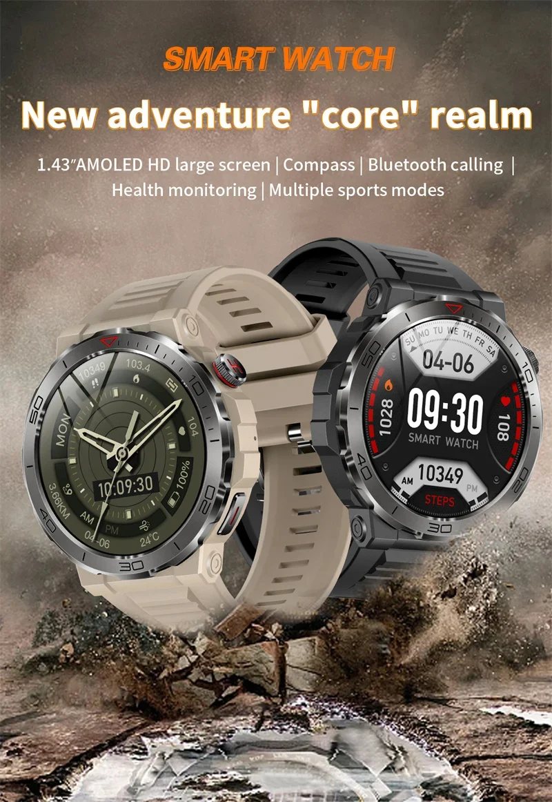 Gaines MK68 Smart Watch Men 1.43inch Amoled Screen Bluetooth Call Compass Health Monitoring Outdoor Sports Fitness Tracker Smart