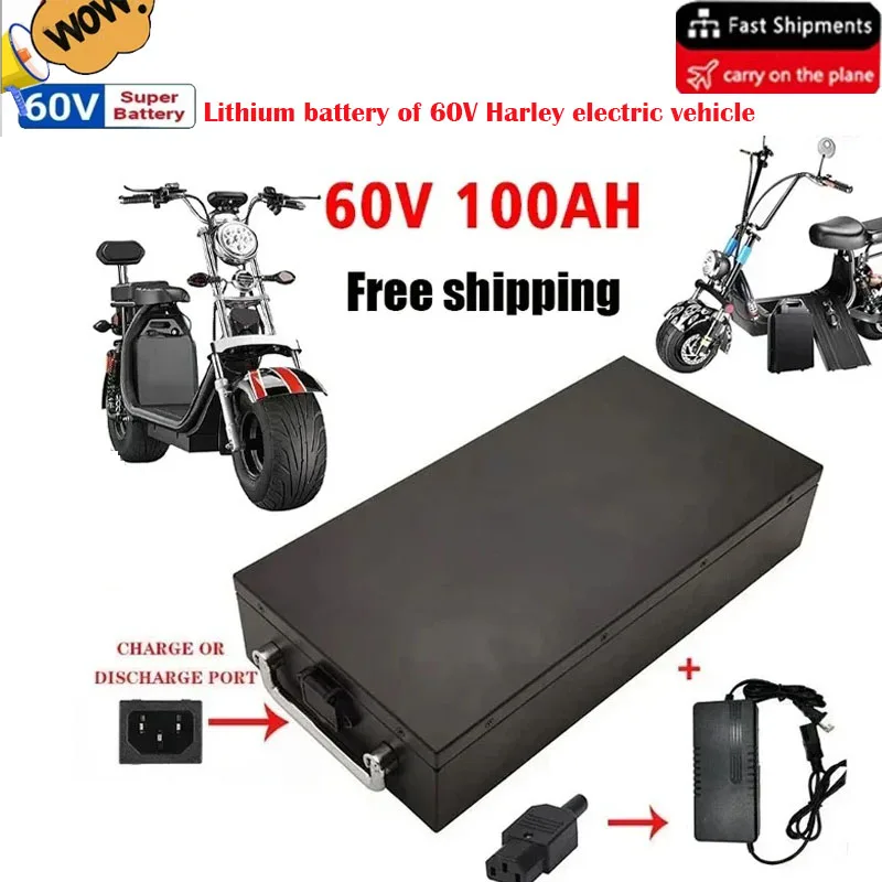 Scooter Battery 60V 20Ah-100Ah Suitable for 250W-1500W Motorcycle Tricycle Bicycle Waterproof Lithium Battery + 67.2V Charger