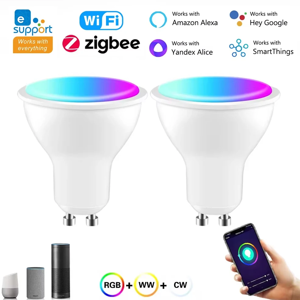

Zigbee GU10 Wi-Fi умная светодиодная лампа RGB + WW + CW с регулируемой яркостью 85-265 В, совместимая с приложением eWeLink Alexa Google Home Yandex Smart Home