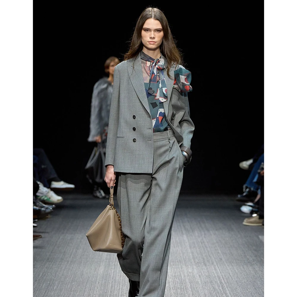 Gray Textured  Women's Double-Breasted Suit 2 Piece Blazer Pants Set Fashion-Forward Formal Runway Style Casual Office Outfit