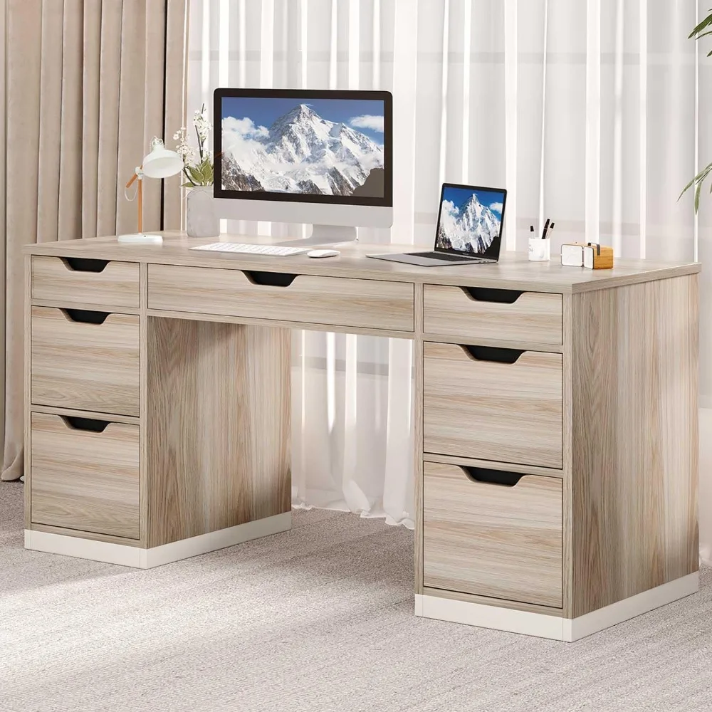 

54 Inch Computer Desk with Storage Drawers, Executive Desk with 7 Drawers and File Cabinet for Home Office, Bedroom, Workspace f