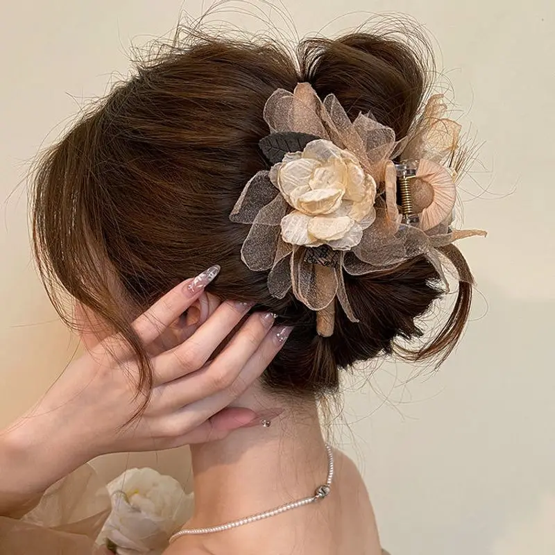 قطعة واحدة من شبكة الجنية الفائقة، بتلات الورد المجففة، مشبك شعر راقي، مشبك سمك القرش، مشبك شعر جديد وإكسسوارات #3