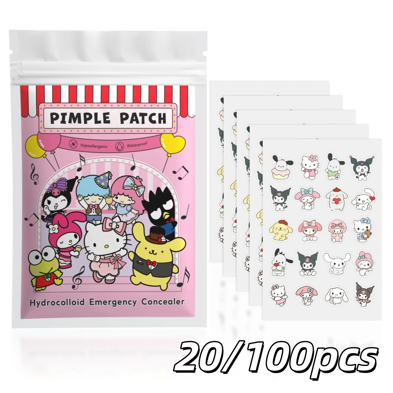 Lot de 20/100 patchs hydrocolloïdes Hello Kitty pour boutons, autocollants mignons en forme de dessin animé, patchs invisibles et imperméables pour le soin du visage