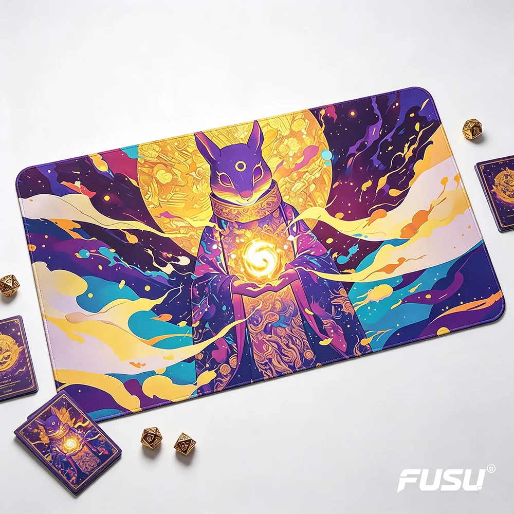 Mystic Cosmic Moon Rabbit Mage Playmat Colorful Nebula Golden Ornate Robe Fantasy Neoprene Table Pad for TCG DND Tabletop Game