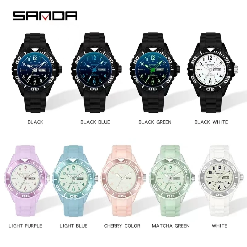 SANDA-Montre-bracelet en silicone pour femme, montres provoqué bleues, horloge de jour pour femme, marque supérieure, nouvelle mode, 1053, 2023