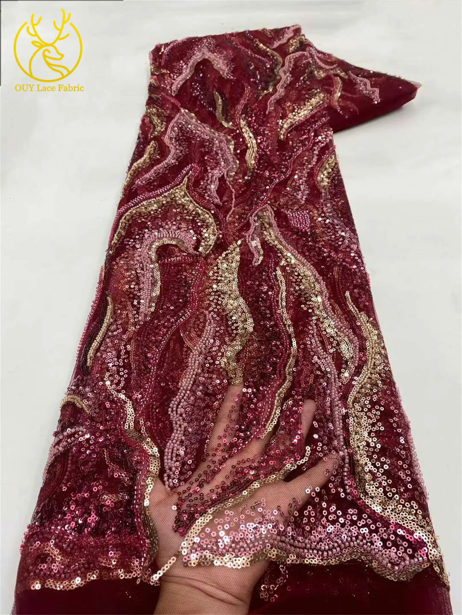 Luxuriöser nigerianischer Brautkleid-Stickerei-Perlen-Spitzenstoff 2026 – Hochwertiger afrikanischer Tüll mit Pailletten für Damen-Abendkleider zum Nähen – Detail 8
