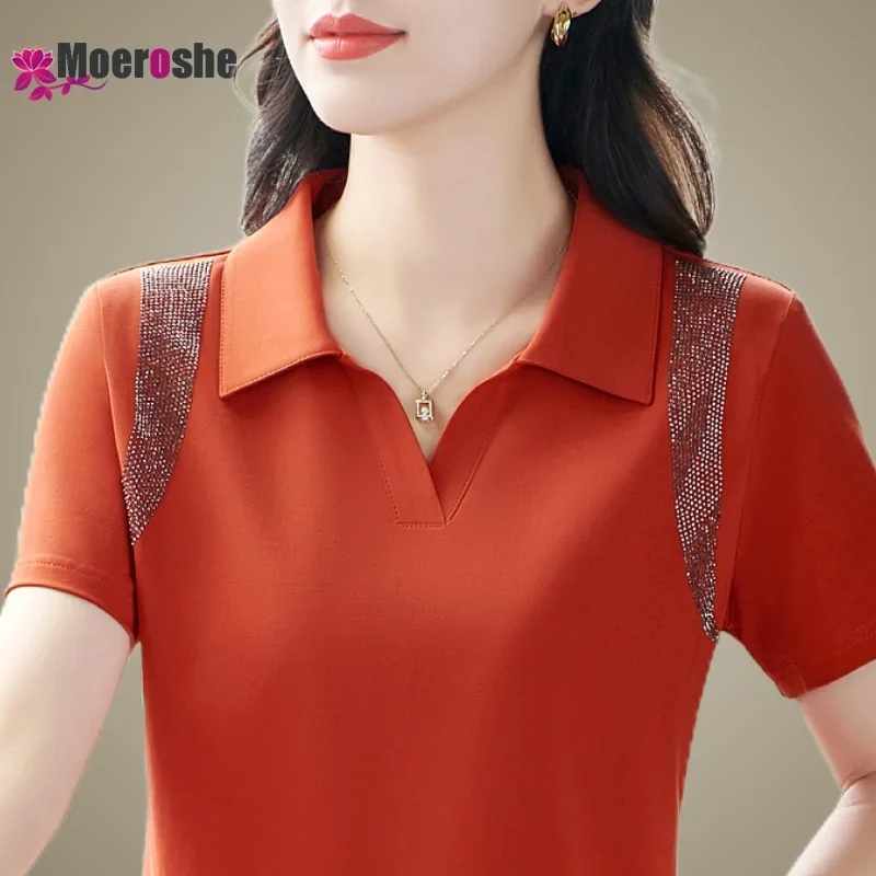 Sequined Short Sleeve T-shirt Polo Summer Clothes Women's Golf Shirts Trend Luxury Youthful Woman Anti-Pilling  Polo Shirts