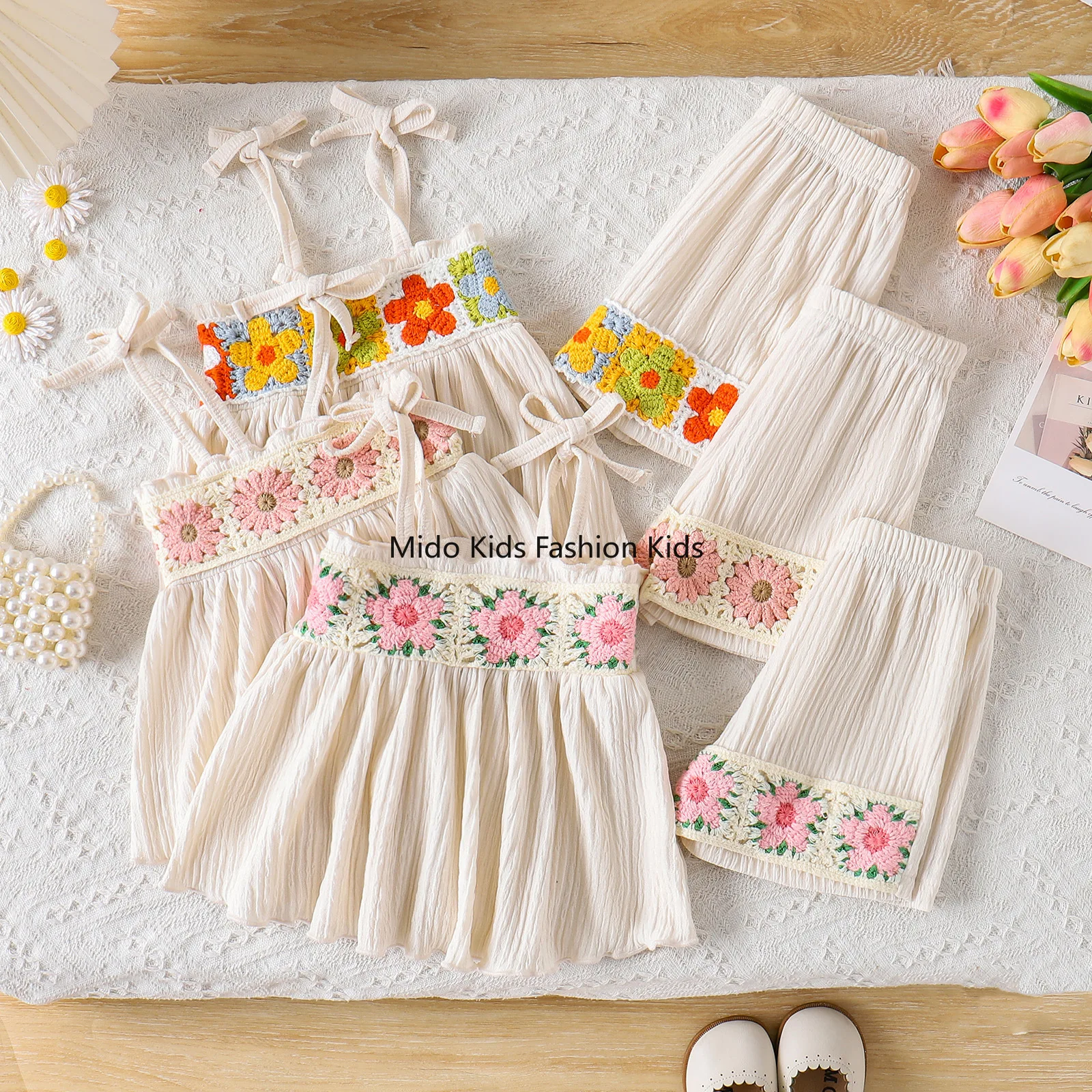 Girls Summer 2PCS Set Cotton Linen Crochet Flower Camisole Top Casual Shorts Fashion Kids Clothing  for 6M -4Y