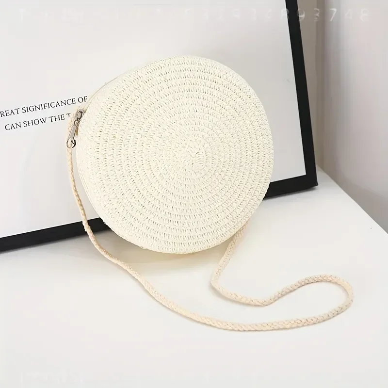 Round Woven Rattan Crossbody Bag for Women Handmade Knitted Straw Small Shoulder Beach Purse Natural Summer Holiday Accessory view 5