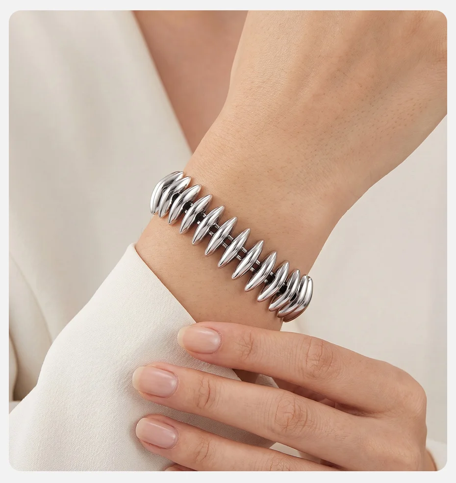 Vnox Vergoldetes, klobiges Marquise-Gliederarmband für Damen, minimalistisches, dickes Armband aus Edelstahl mit Perlen, Schmuckstück. – Detail 4
