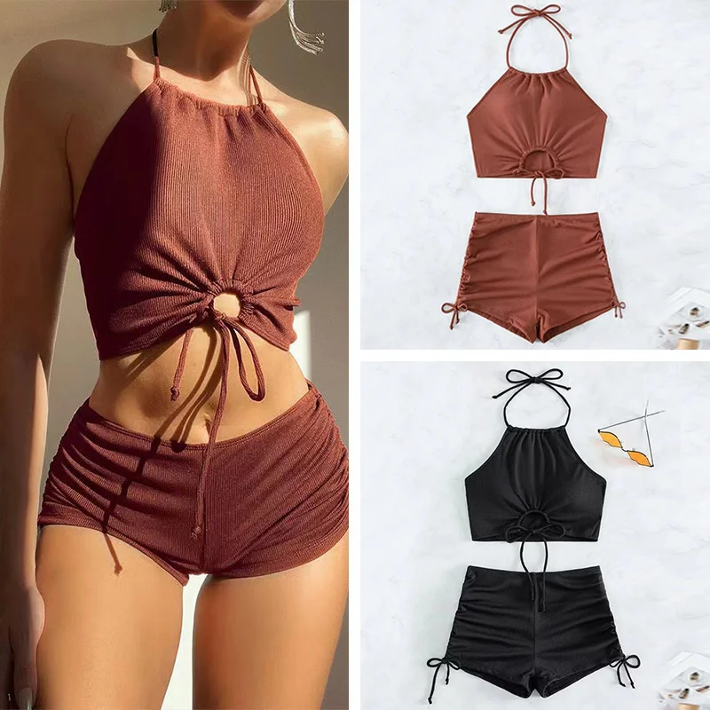 

Sexy Off Shoulder Neck Tie Bikini Set For Women Solid Color Two Piece Swimwear Summer Beach Vacation Swimsuits