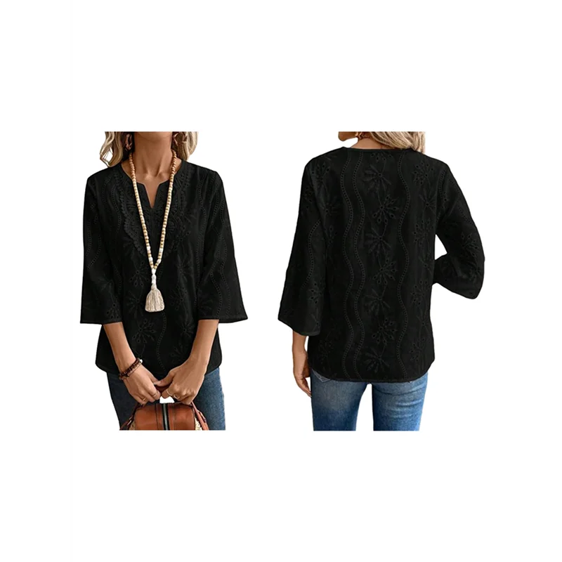 

ABP-Women's Eyelet Embroidery 3/4 Sleeve Summer Notched Neck Boho Blouse Top