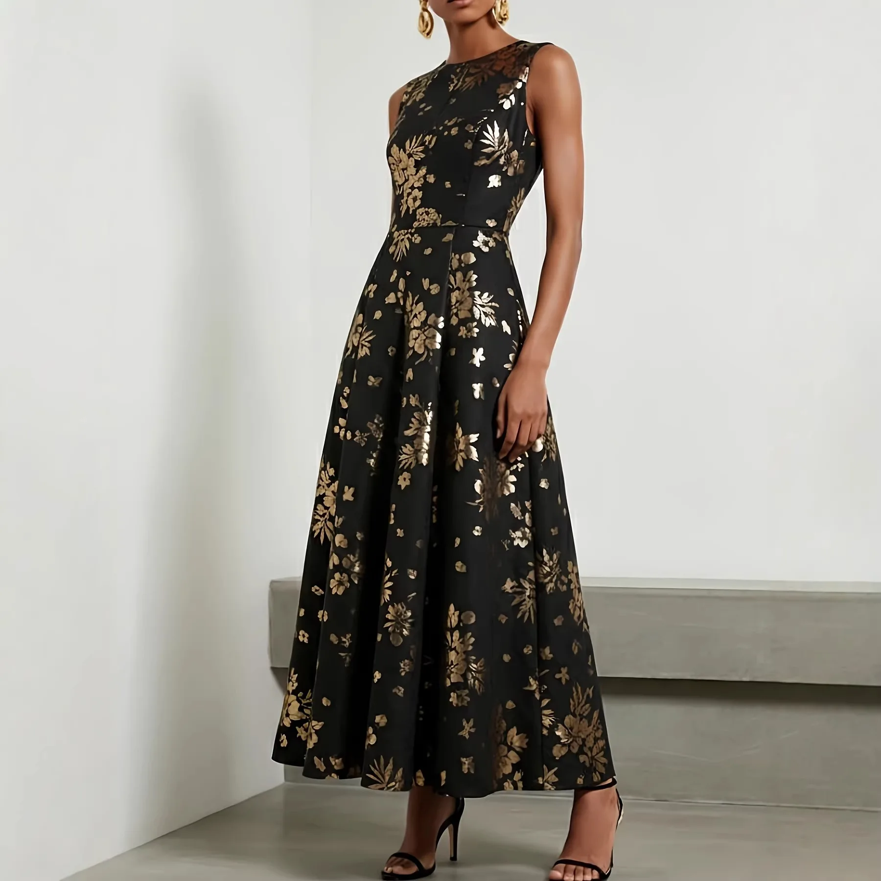 Schwarzes, goldfarbenes, ärmelloses Midikleid mit Blumenmuster, figurbetontes, elegantes, formelles Abendkleid, A-Linien-Cocktailkleid für Damen