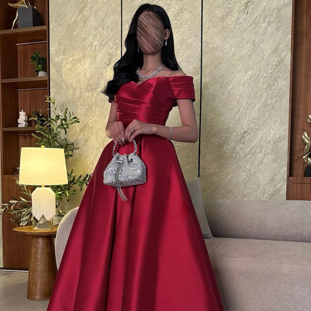 

Customize Yipeisha Red Off the Shoulder Satin Evening Dress Sleeveless Pleat A-line Party Dress Backless Ankle Length Prom Gown