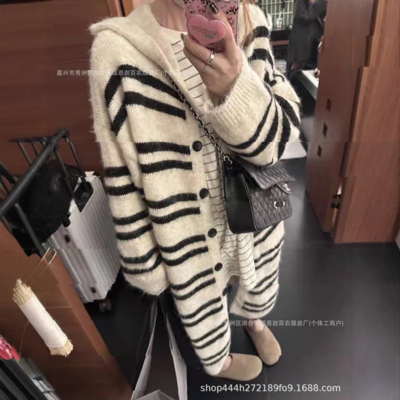 كوريا الجنوبية Dongdaemun الخريف جديد كسول فضفاض الصوف كتلة اللون مخطط مقنعين منتصف طول سترة مشغولة من الصوف المرأة #1