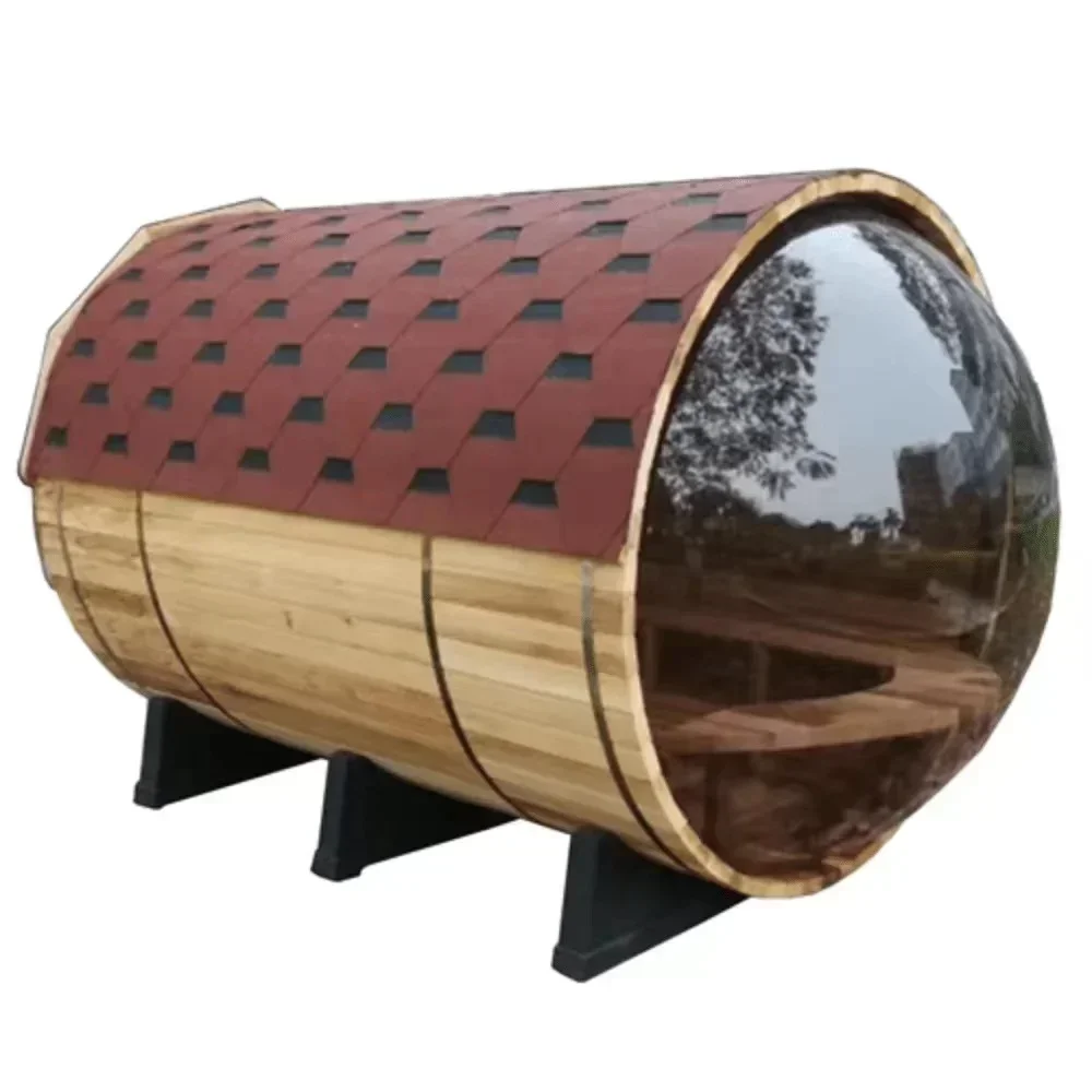 Gran oferta 2022, gran oferta, sala de Sauna de barril tradicional de cedro/Hemlock canadiense fuera del estufa de leña, vidrio panorámico