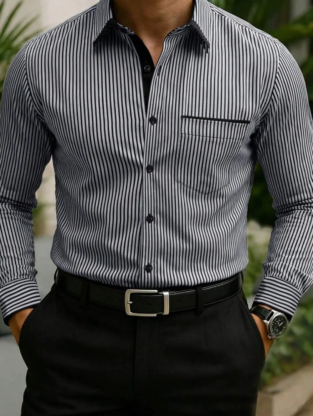 Men's Fashionable Business Casual Printed Striped Long Sleeved Shirt with Pockets, for Autumn Formal Wear,