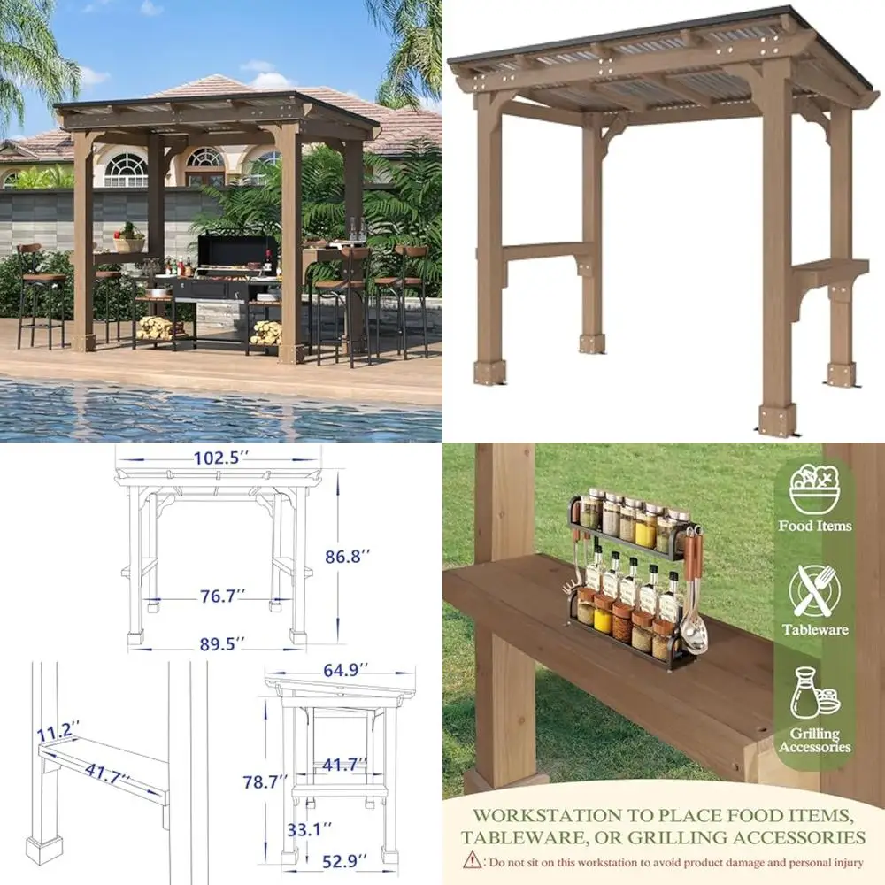

"8x5 Hardtop Metal Roof Patio BBQ Gazebo with Wood Frame for Rainwater Drainage and Backyard Grilling in Georgia"