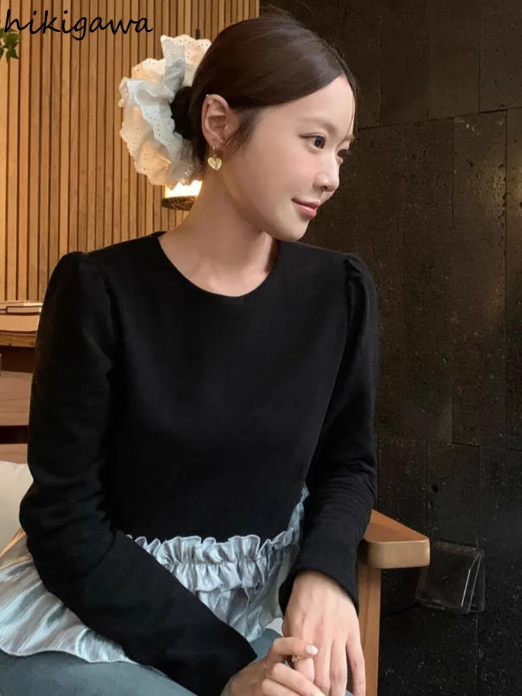 Patchwork Velvet Woman T Shirts Vintage Temperament Tees 2025 Ropa Mujer Contrast Color Ruffles Camisetas Fashion Korean T-shirt image 2