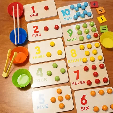 Montessori Wooden Toys Kids Hands Brain Training Clip Beads Chopsticks Beads Toys Early Educational Puzzle Board Math Game To L1