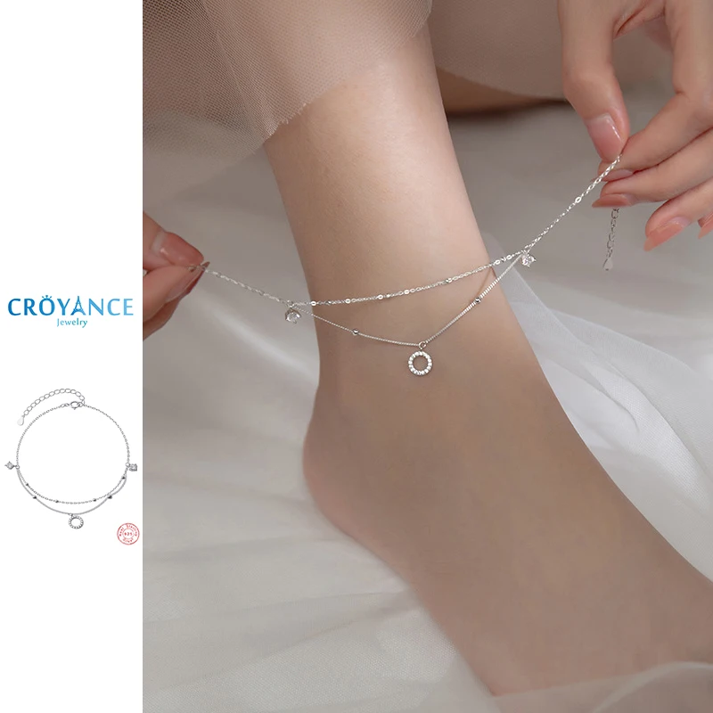Elegant Round Zircon Pendant Double Layer 925 Sterling Silver Ankles Women Jewelry Fashion Adjustable Rhinestone CZ Foot Chain