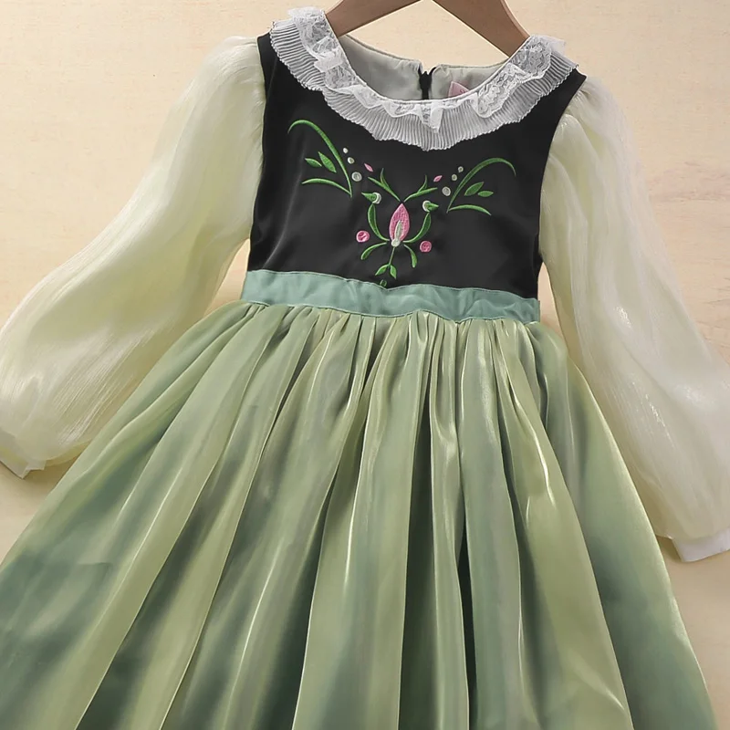 Elegant Party New in Dresses 2024 Korean Kids Spring Female Child Clothes Anna Costume Cosplay Green Dress Girls 2 to 10 Years