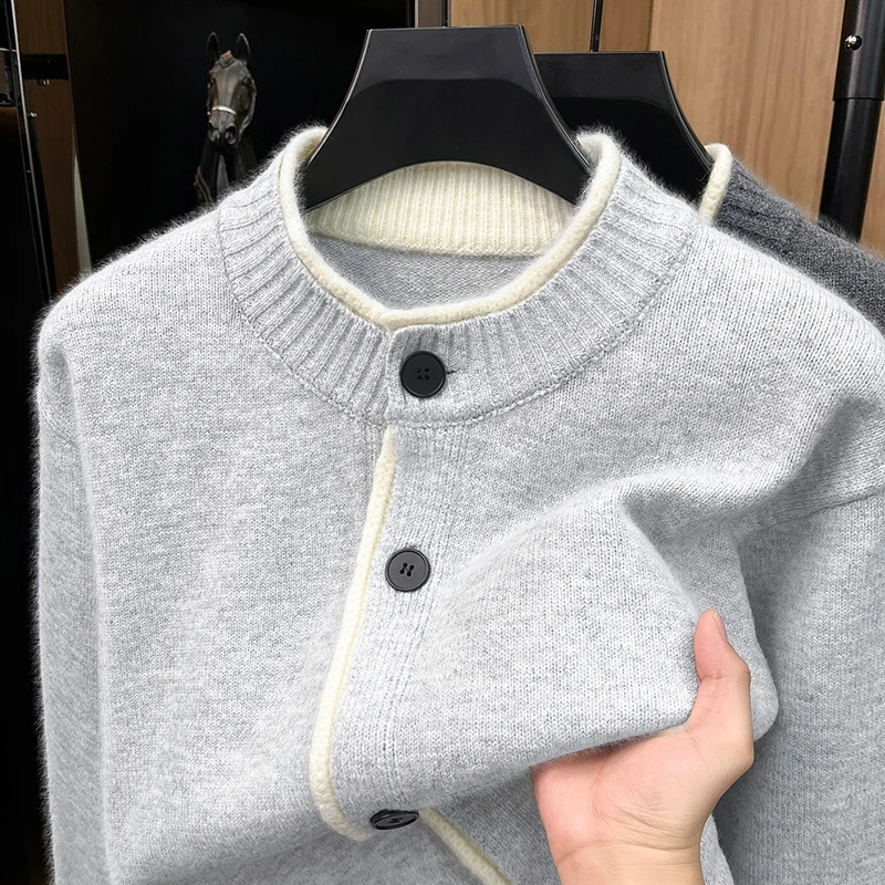 Unique High-end fake two-piece design knitted sweater coat men's new comfort round neck autumn winter casual fashion cardigan