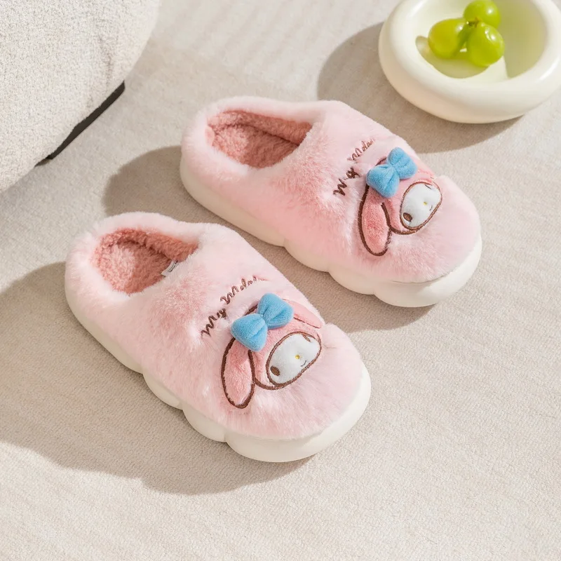 Kawaii Sanrios Plush Slippers Anime Keroppi Kuromi Cinnamoroll My Melody Autumn Winter Soft Sole Slippers Cute Home Shoes Gifts