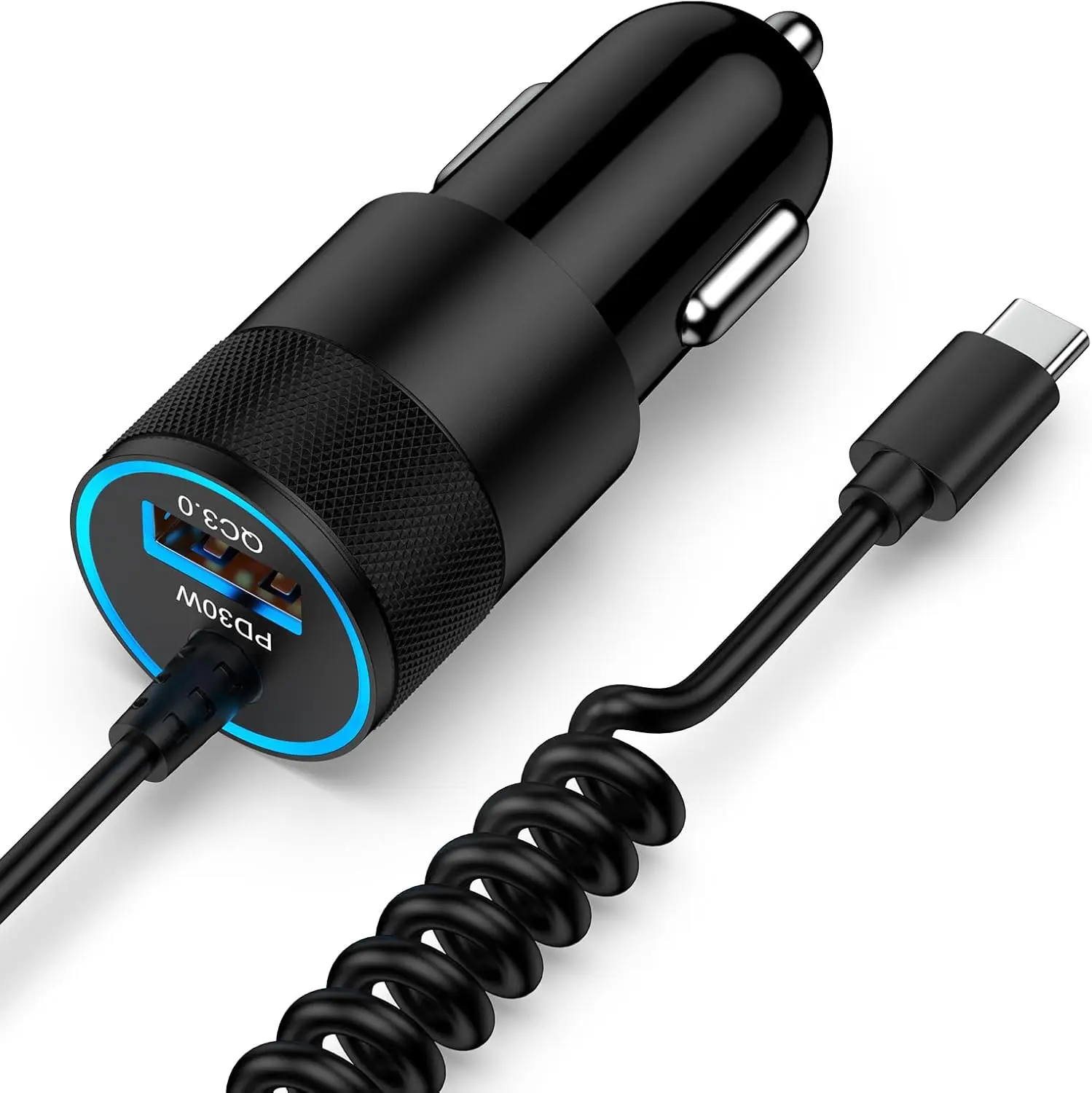 30W USB C Car Charger with 2.8FT Coiled Cable Fast Charging for iPhone 16 17 Pro Max Samsung Galaxy