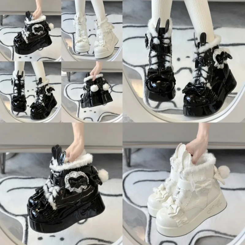 JK Bow Snow Boots Lolita Thick Plush Lined Platform Short Boots Sweet Warm Winter Fashion Cotton Shoes Cute Lace-Up Footwear New