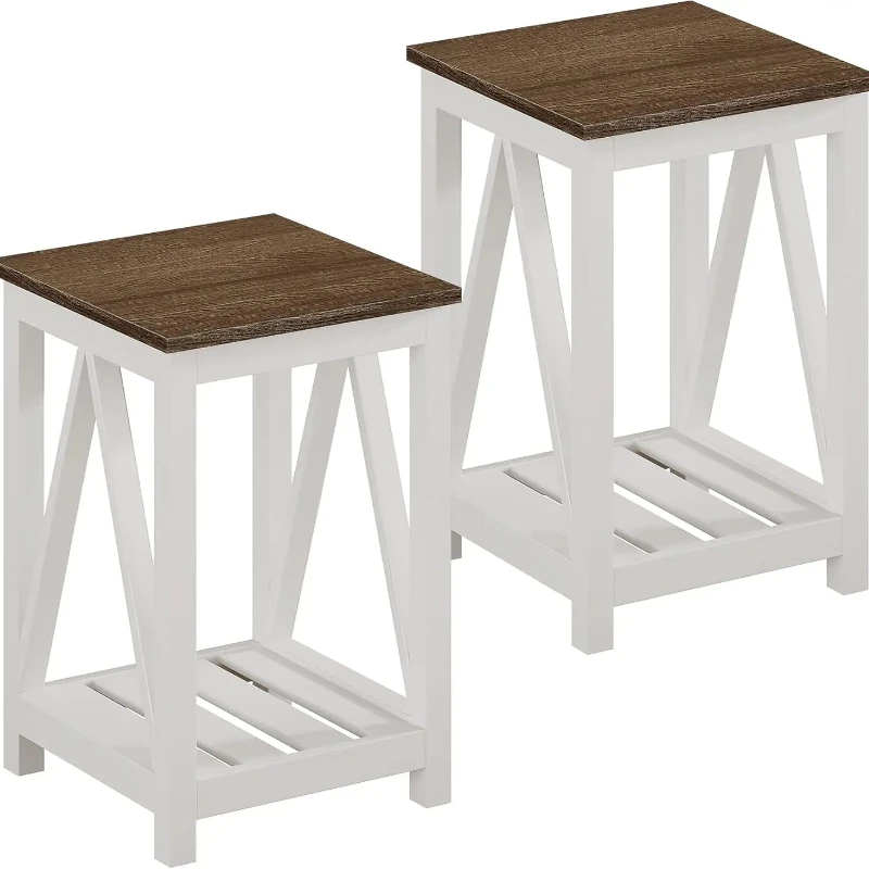 Farmhouse End Table, Rustic Vintage Nightstand with Storage Shelf, White 2 Pack for Living Room Bedroom