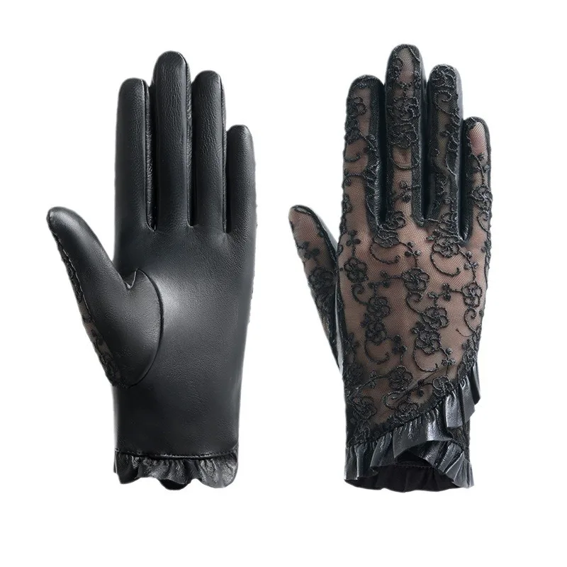 Spring Women Real Leather Gloves Ladies Elegant Gloves Women's Black Driving Gloves Anti-UV Touch Screen Lace Mittens