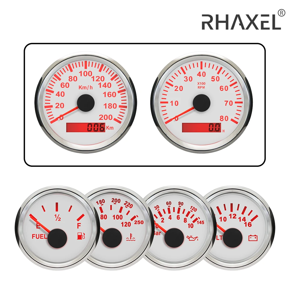 RHAXEL 6 Gauge Set GPS Speedometer Gauge 200KM/H Tachometer Fuel Level Water Temp. Oil Presseure Voltmeter 12V for Car Tractor