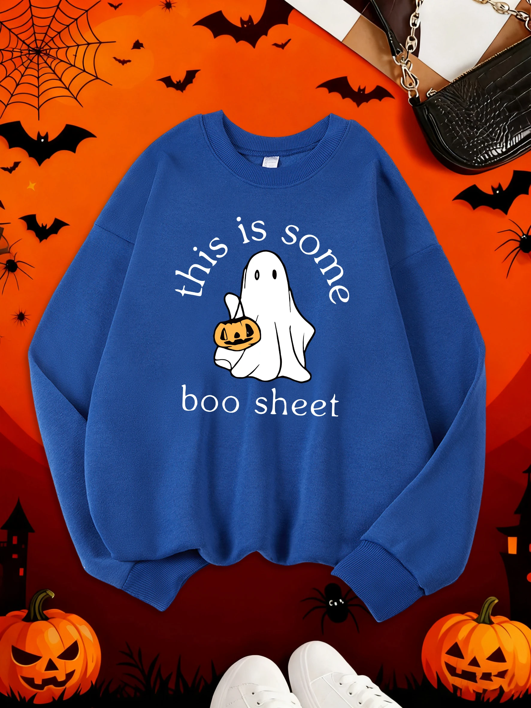 Happy Halloween Ghost Printing Woman'S Fleece Tops Autumn Winter Casual Sweatshirts Street Loose Hoodies Sports Comfy Clothing