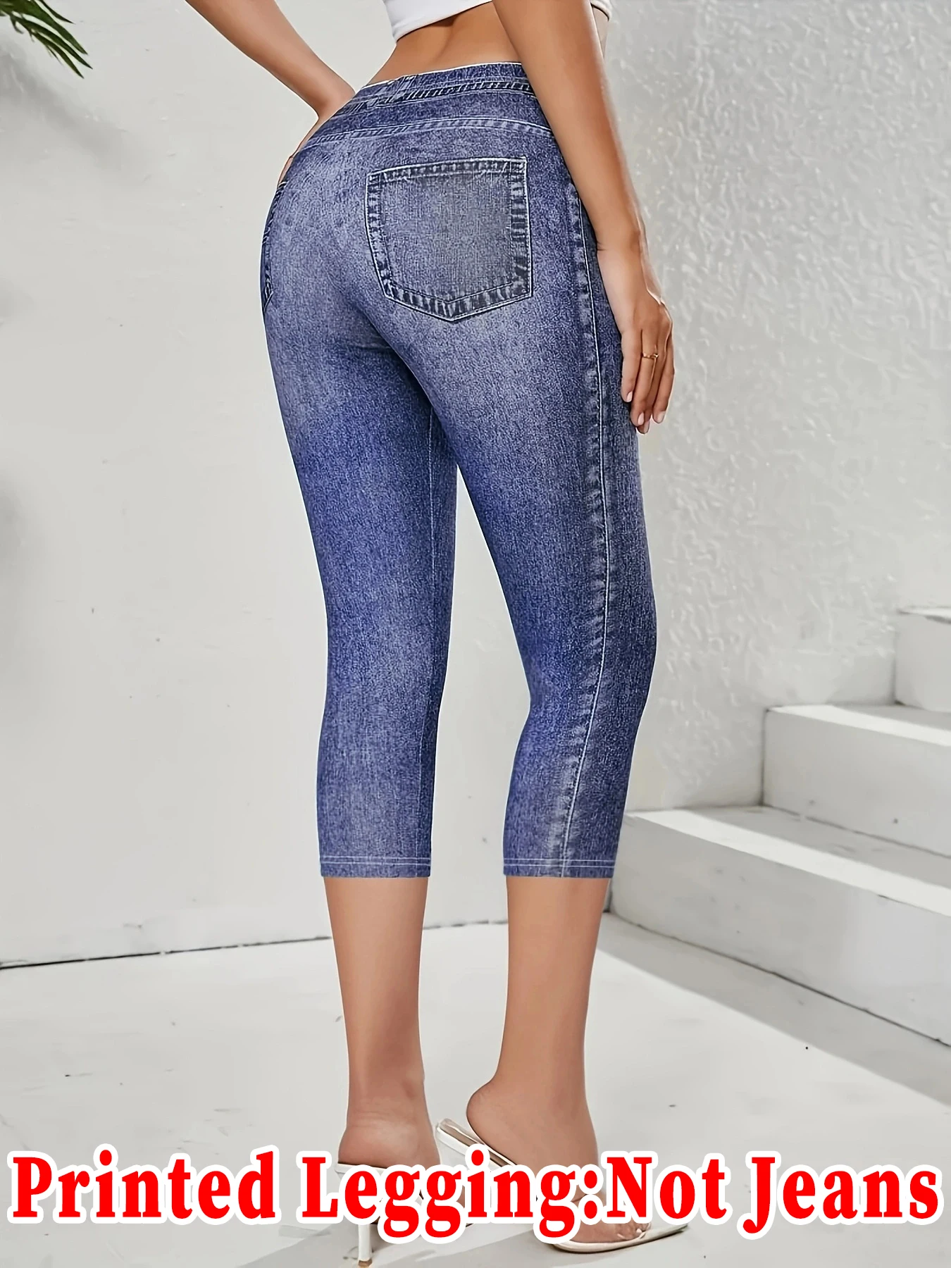 Women High Waist Printed Faux Denim Capri Jeggings Stretch Skinny Cropped Pants With Pockets