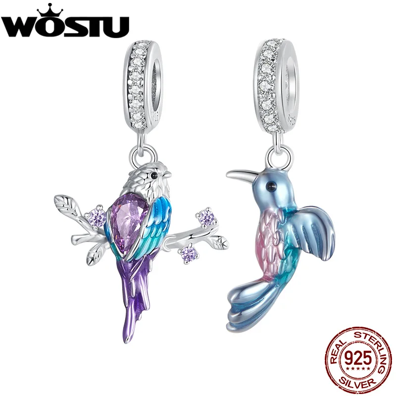 WOSTU 925 Sterling Silver Colorful kingfisher Charm Bird Pendant animal Beads Fit Original Bracelet Necklace Birthday DIY Gift